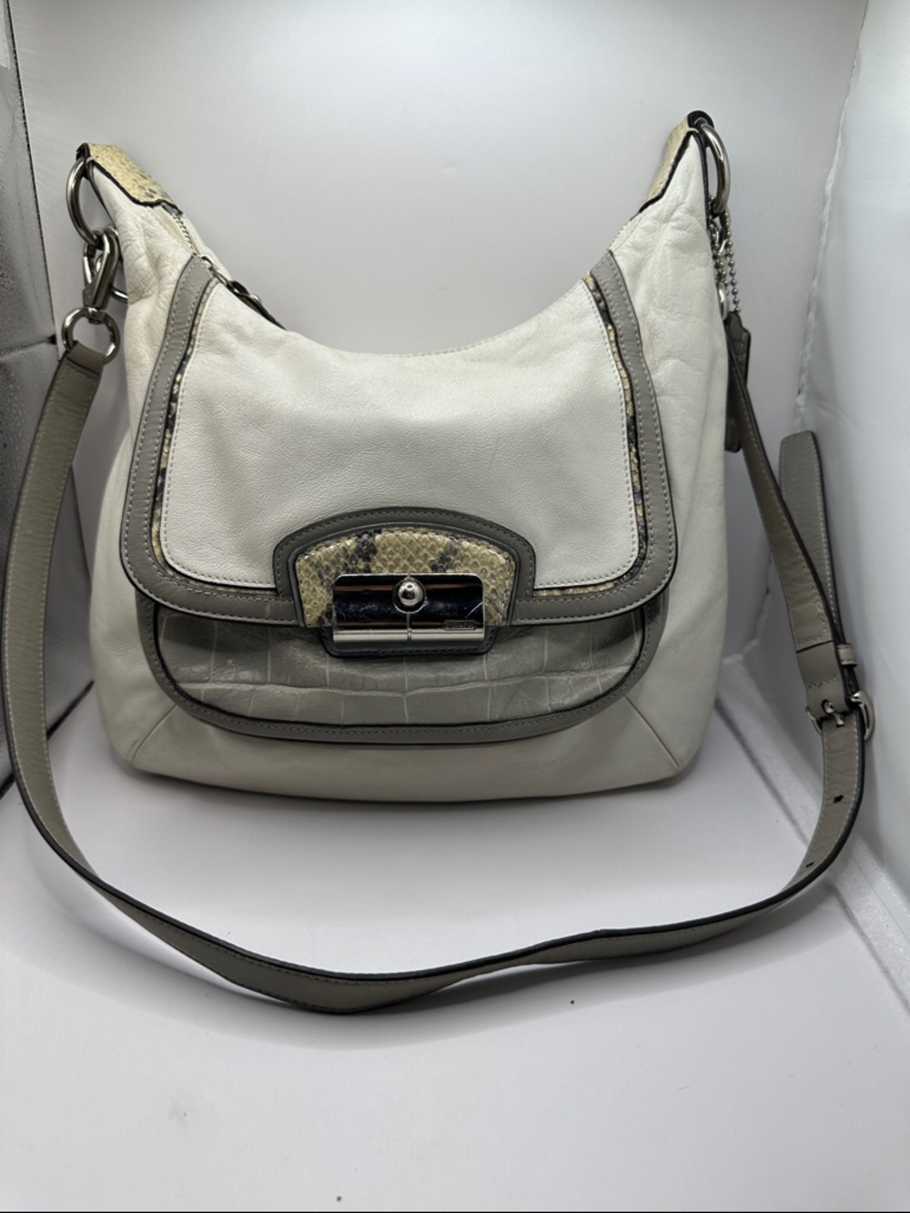 Coach Kristin Cream Leather Hobo Shoulder Bag with Gray Embossed Trim